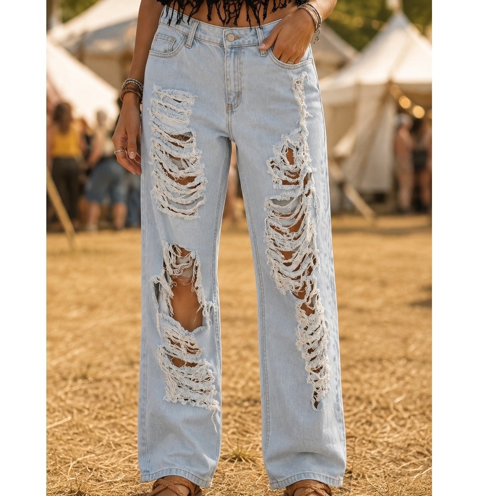 Fashion Nova With Just A Look Distressed Boyfriend Jeans Medium Blue Wash 13(31)